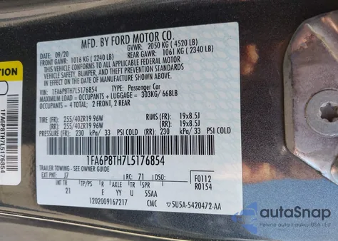 2020 Ford Mustang Ecoboost Fastback from USA, damaged, VIN 1FA6P8TH7L5176854